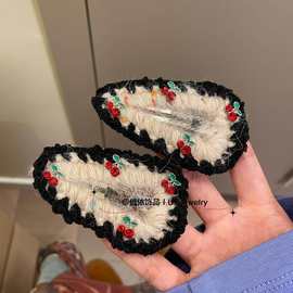水钻小樱桃bb夹时髦百搭毛线发夹简约可爱少女气质 精品刘海对夹