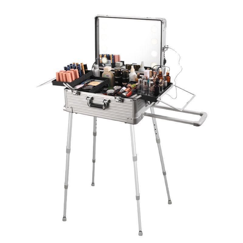 Estuche de maquillaje profesional, novia y maquilladora, caja de maquillaje especial para maquilladora con luz, espejo de vidrio templado, maleta con ruedas, portátil
