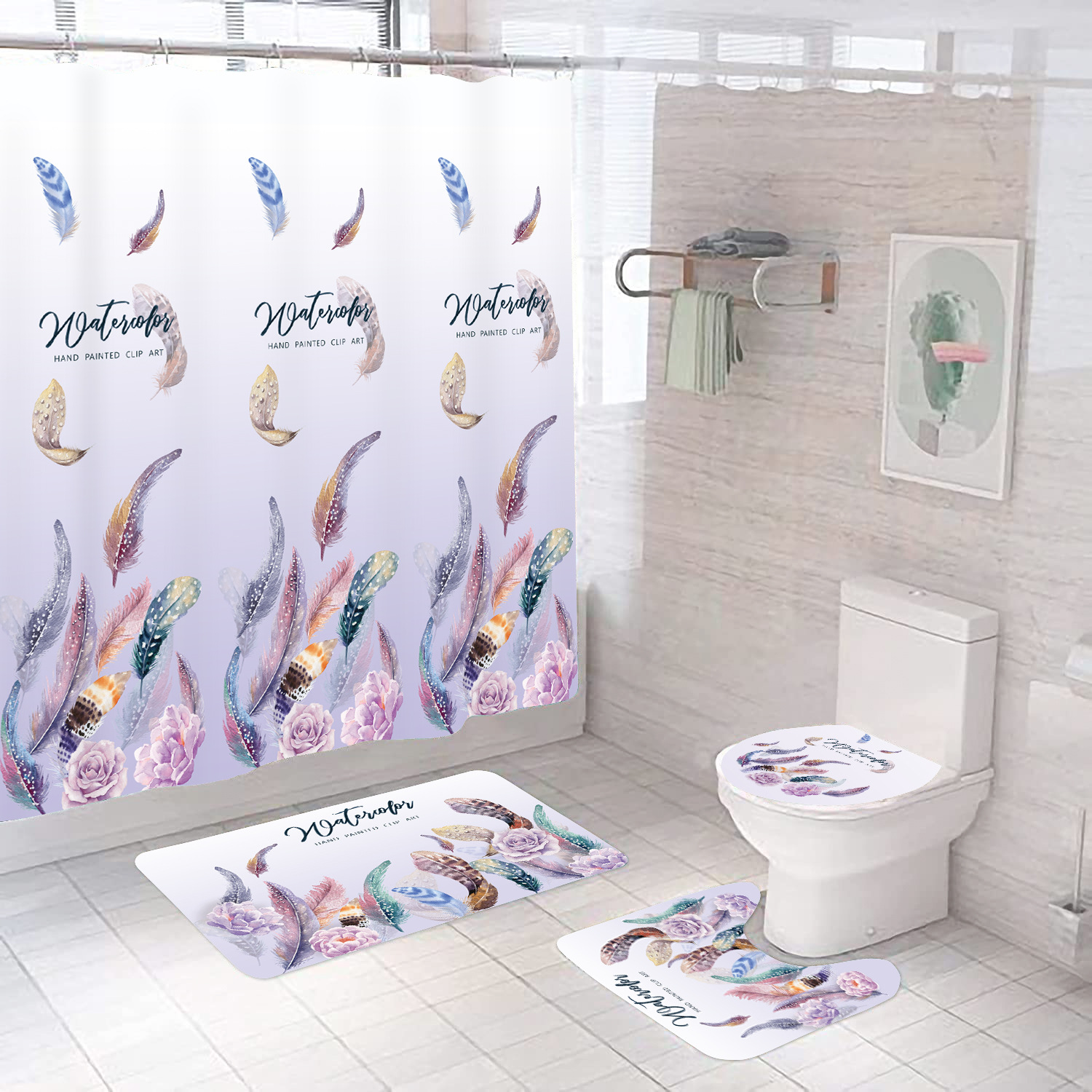 Cuatro piezas PEVA cortina de baño impermeable esterilla de suelo esterilla de inodoro esterilla de inodoro combinación de cuatro piezas para el baño se puede personalizar