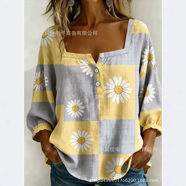 2026 Amazon New Summer Women's Floral Print Three-Button Elegant Square-Neck Top with a Slimming Design T-Shirt