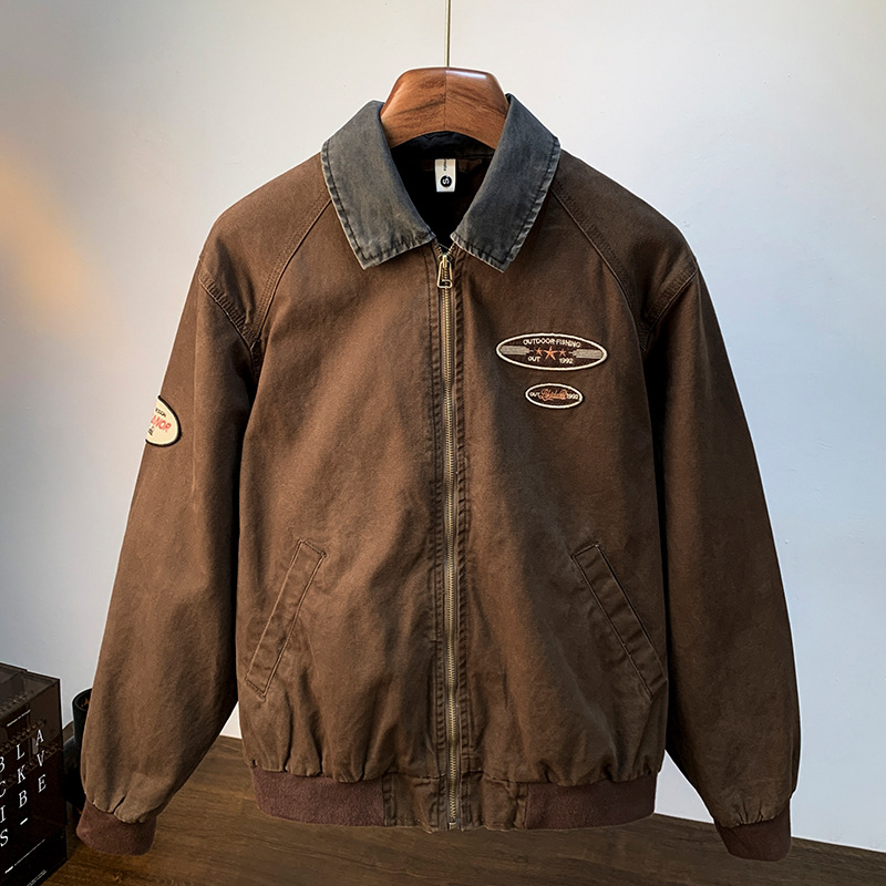 Retro Turn-Down Collar Workwear For Men, Autumn Brown Top, American Style Pilot Jacket_viptrois.com