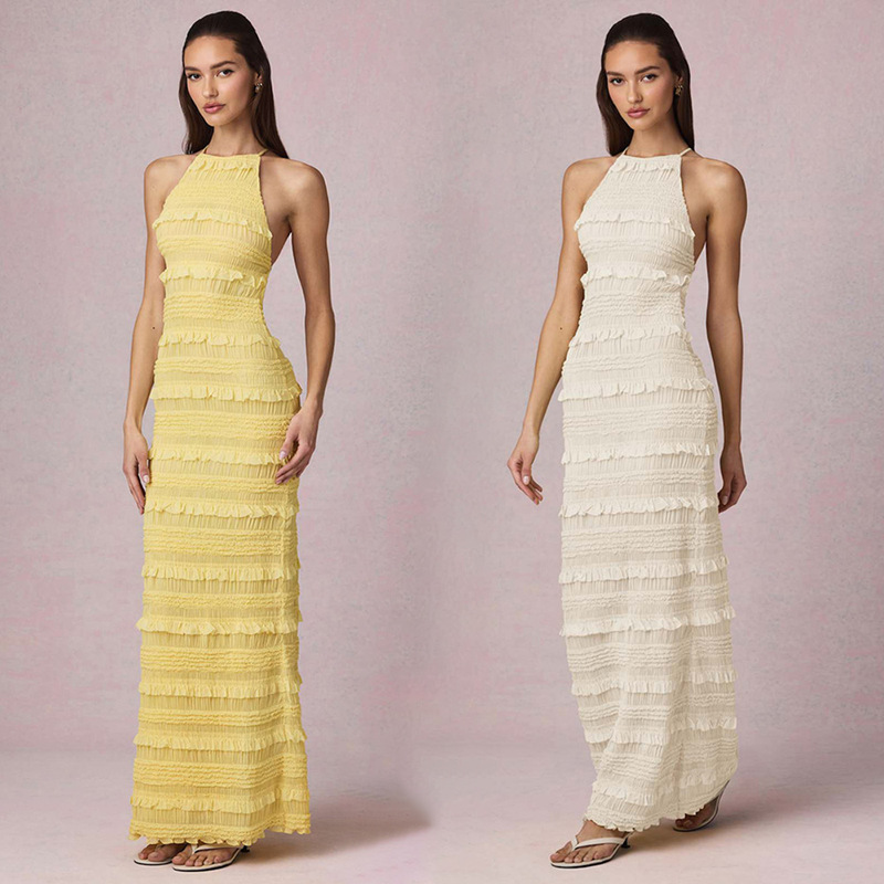 Cross-Border 2025 Summer New European and American Amazon Sexy Lotus Leaf Lace Backless Halterneck Lace-Up Maxi Dress