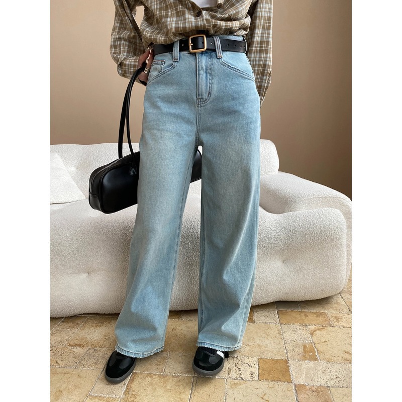 司南 早秋新款 时髦水洗浅蓝高腰直筒窄版阔腿拖地牛仔裤