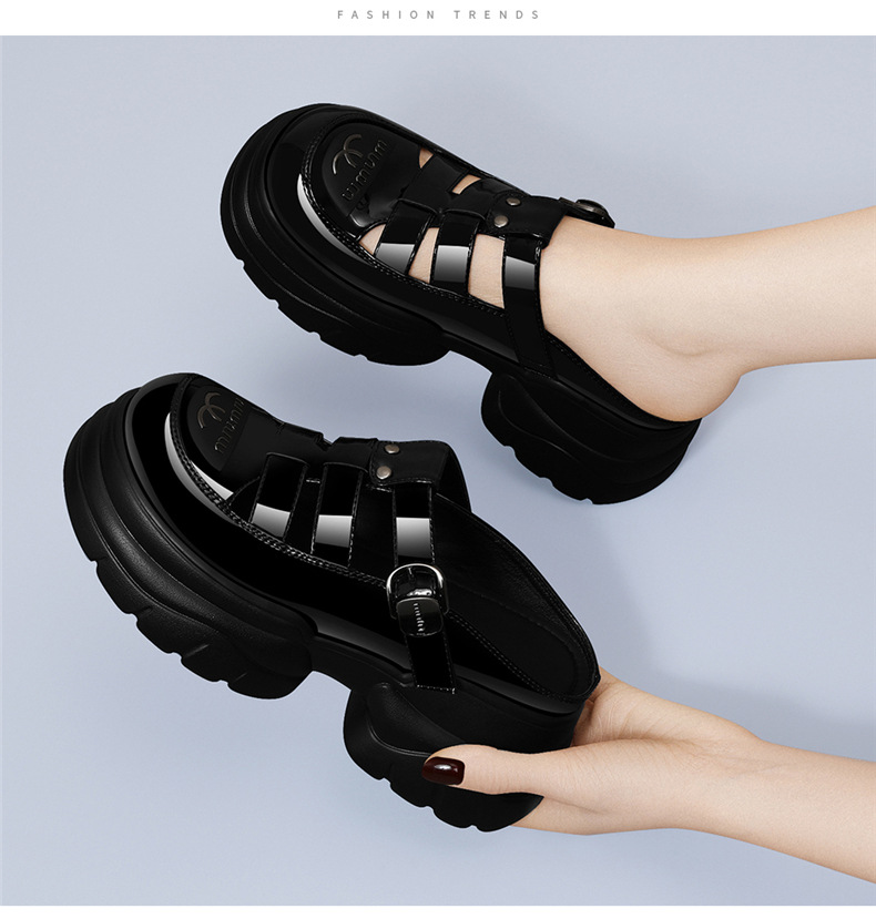 Dép sandal nữ quai chữ V đế xuồng dày 5 cm, phong cách La Mã, mũi kín, kiểu lười khoét lỗ — JST 7131 màu đen, JST 7131m màu chi tiết 5
