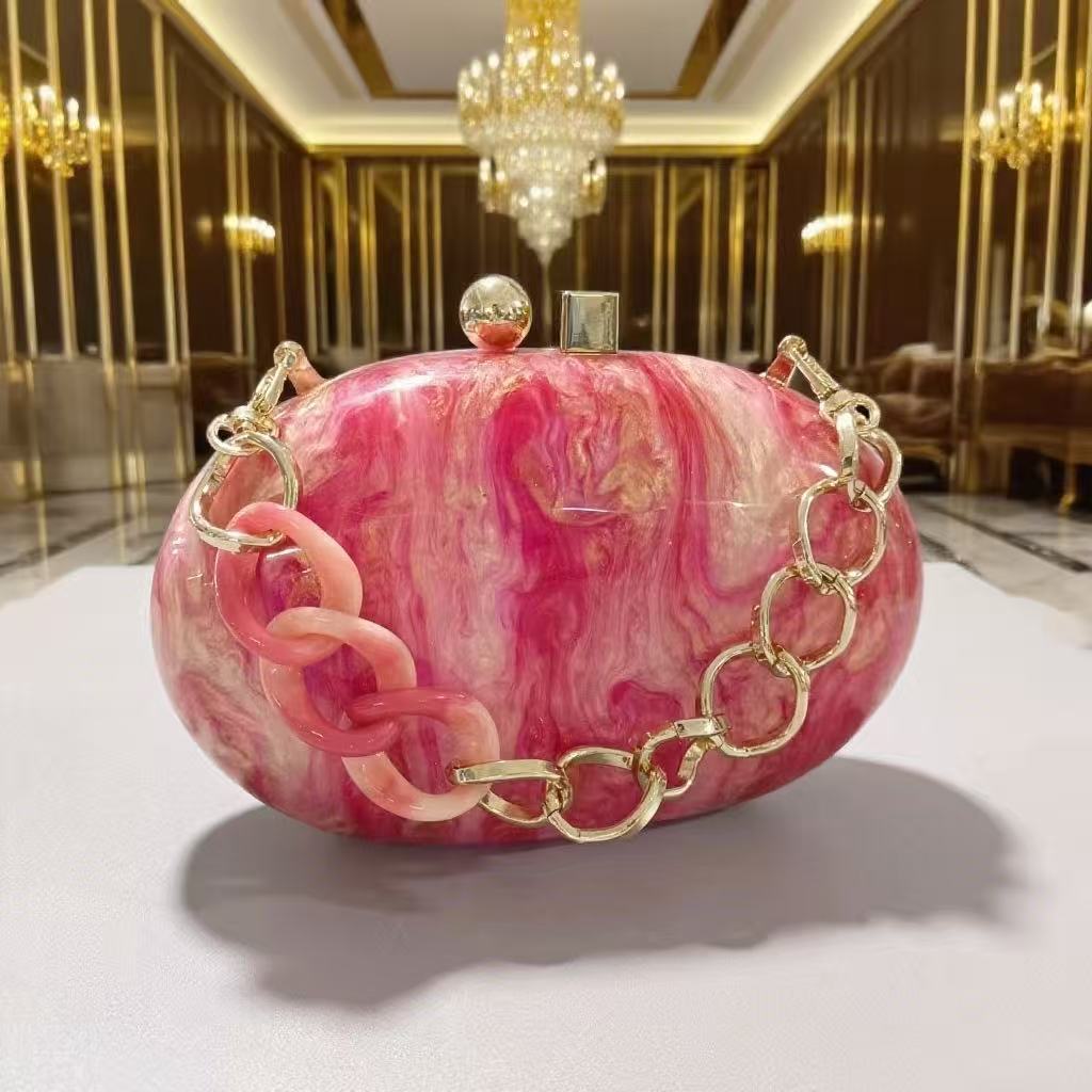 Bolsa de cena de lujo ligera transfronteriza, café de perla de almendro, bolsa de mano acrílica ovalada, bolsa de noche de hombro para damas