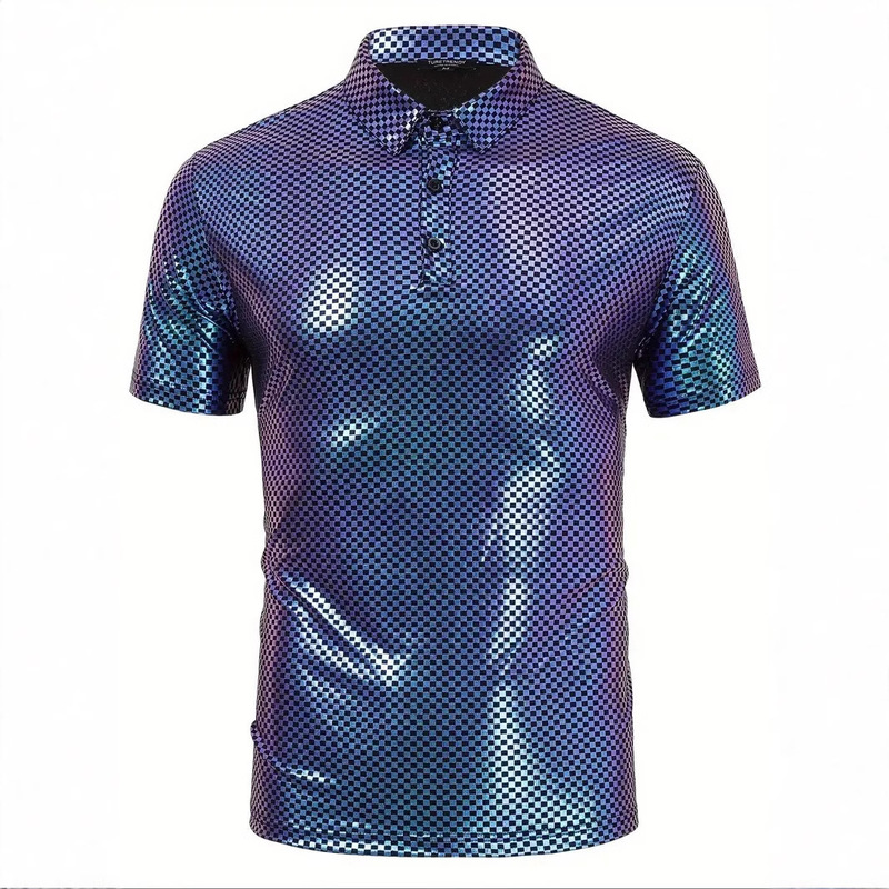 2025 New Cross-Border Men's Glossy Polo Shirt Party Stage Short-Sleeved T-Shirt Shirt Performance Dress