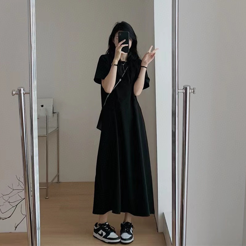 Summer Casual Hepburn Style Black dress Women's Short-sleeved Loose Slim Belly Covering Lazy Chubby T-shirt Long Dress