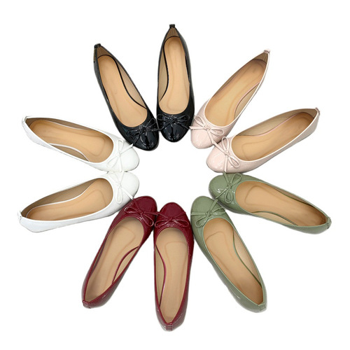 Ballet shoes women's round toe solid color flat shoes soft leather  new spring and summer bow casual black women's shoes