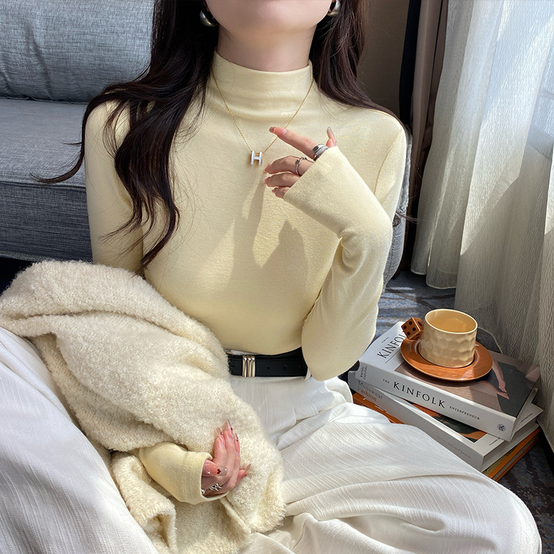 블루 베이스 레이어 여성용 이너웨어 2025 초가을 신상 티셔츠 여성용 반하이넥 모달 긴팔 슬림핏 탑