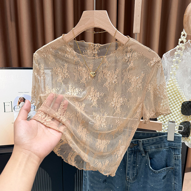 Lace-Trimmed Hollow-Out Short-Sleeve T-Shirt for Women, Paired with a Slip Dress and Anti-Exposure Half-Length Ice Silk Mesh Top Lace-Trimmed Hollow-Out Short-Sleeve T-Shirt for Women, Paired with a Slip Dress and Anti-Exposure Half-Length Ice Silk Mesh Top