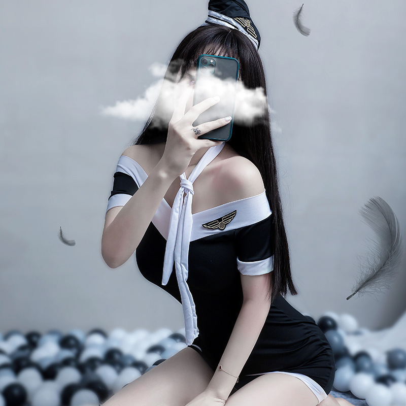 Sexy Lingerie Stewardess Uniform Role Play One-Shoulder Temptation Open Crotch Passion Suit See-Through Nightclub Girl