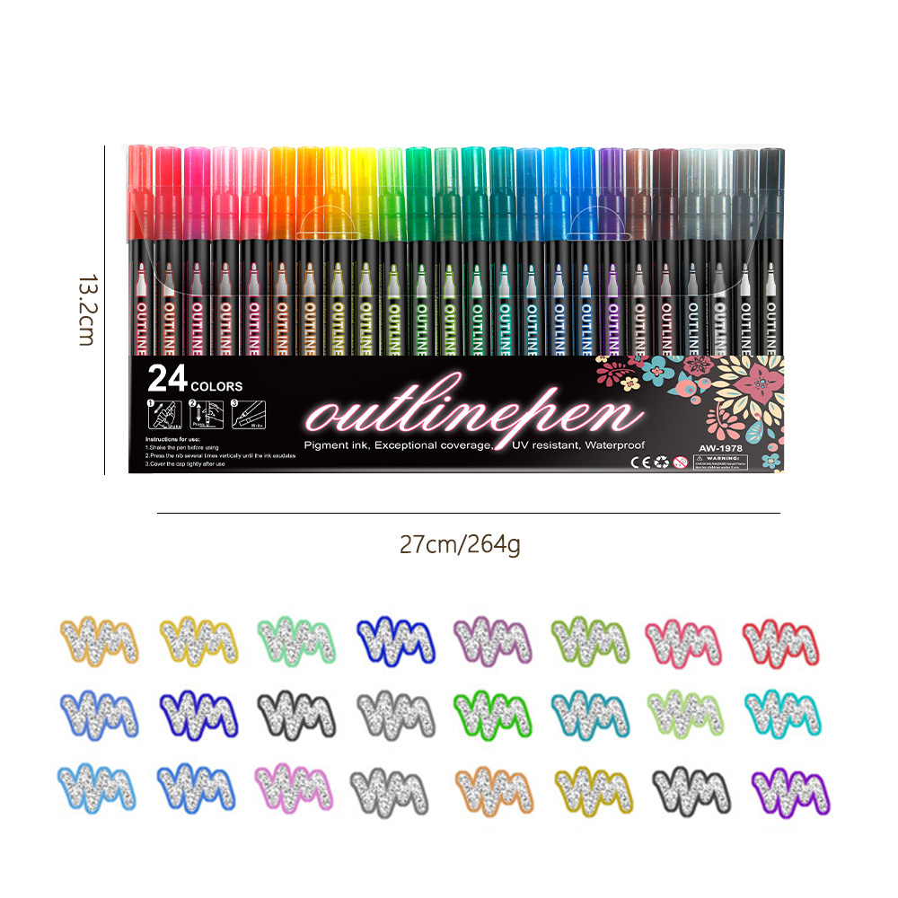 Bolígrafo de contorno de doble línea de estudiantes de Navidad tarjetas de felicitación bolígrafo flash 12 color conjunto de bolígrafo de doble color bolígrafo de color pincel de papel