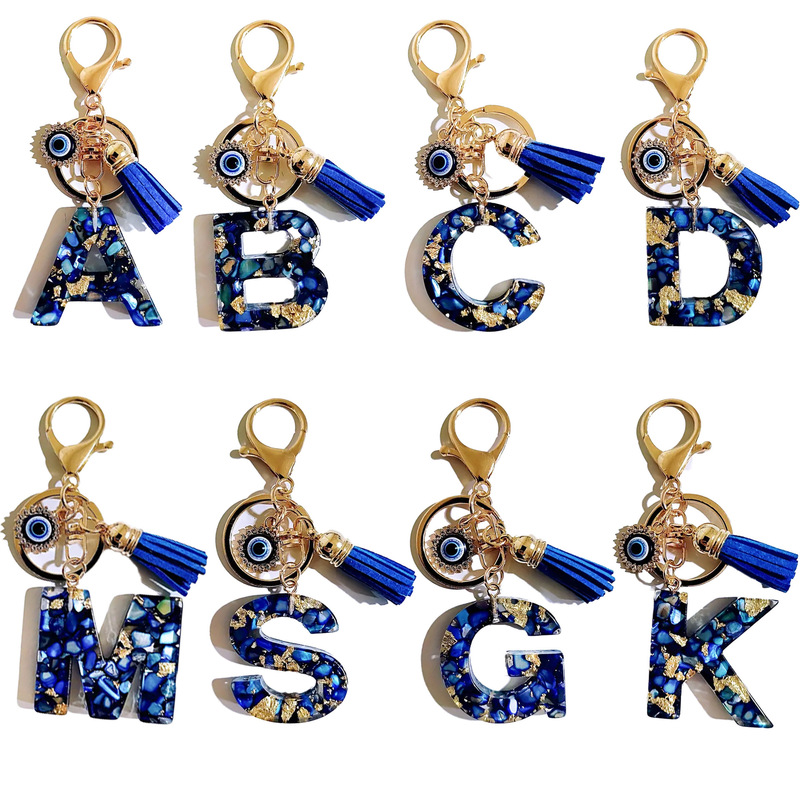 Cross-Border Hot Selling Blue English Letters Evil Eye Tassel Keychain Bag Jewelry Pendant Resin Pendant Cross-Border Hot Selling Blue English Letters Evil Eye Tassel Keychain Bag Jewelry Pendant Resin Pendant