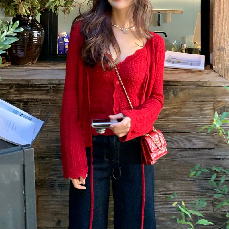 Ready Stock [Garden Room] Spring Outing Cut Out Crochet V Neck Vest Lace-Up Knitwear Fashion Suit