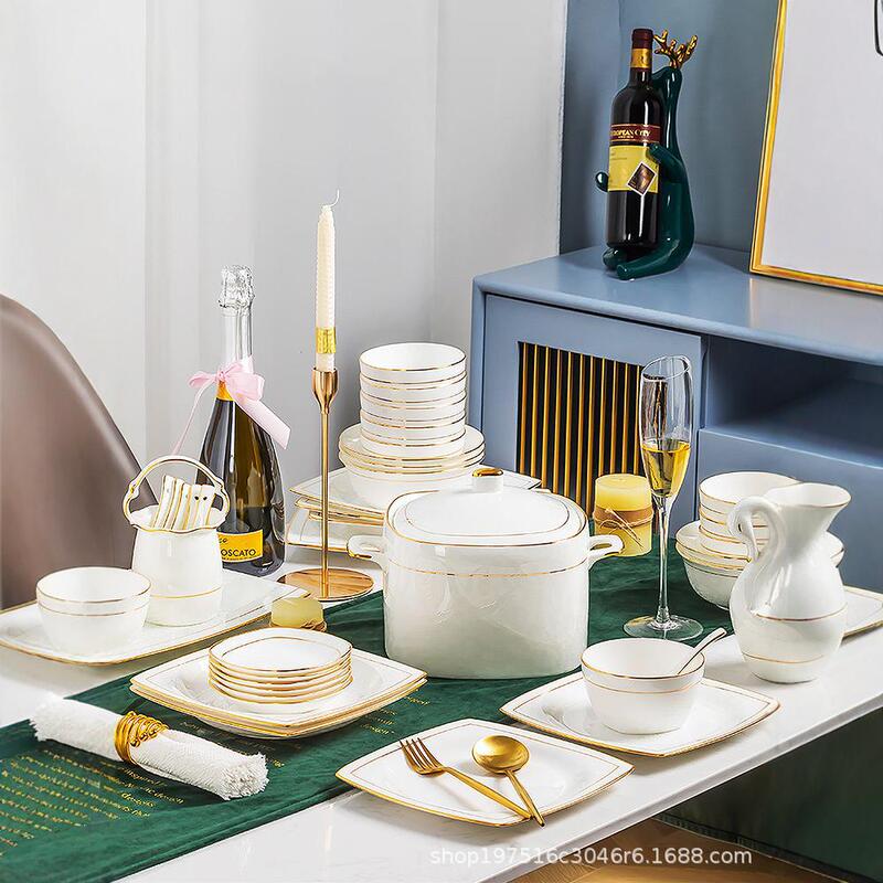 Jingdezhen Ceramic Tableware suit Dishes Bone China Tableware Dishes Household Gold Inlaid Jade Handmade Gold Gifts Wholesale