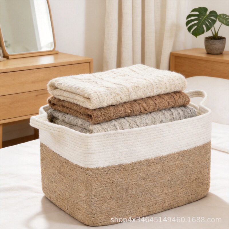 Rectangular Cotton Rope Basket with Handle, Breathable Woven Basket, Imitation Rattan Storage Basket, Ikea