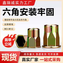 半六角拉铆螺母通孔平头竖纹铆螺母碳钢彩锌六角拉帽小沉头M3-M12