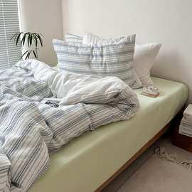 卡普里假日 ins风全棉水洗棉四件套简约条纹色织日系纯棉被套被罩