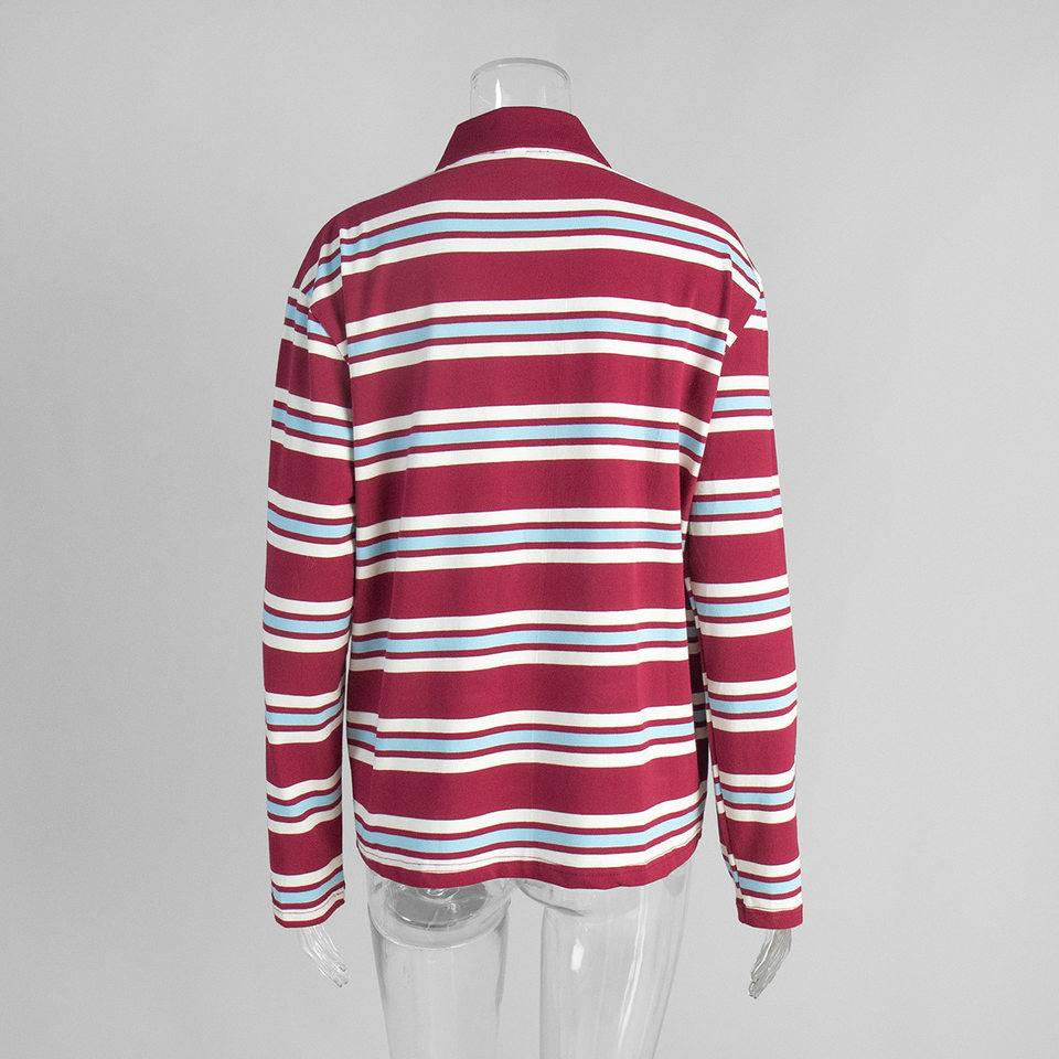 Áo thun nữ sọc dài tay cổ polo dáng rộng phong cách retro — hồng, màu nâu, nâu sẫm, quần kaki chi tiết 6