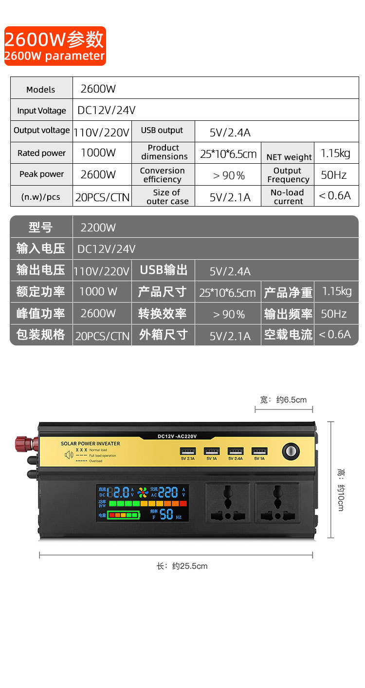 车载逆变器1000W2000W12V转110V220V电池显示