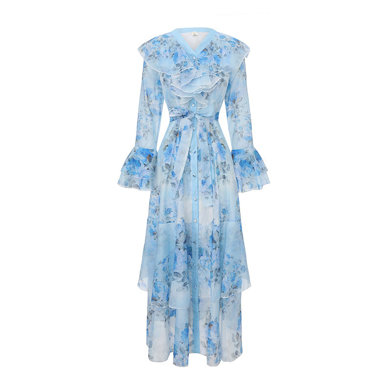 2026 Spring and Summer New Style Multi-Layered Ruffle Sleeves Contrasting Color Stitching Printed Long Dress 2026 Spring and Summer New Style Multi-Layered Ruffle Sleeves Contrasting Color Stitching Printed Long Dress