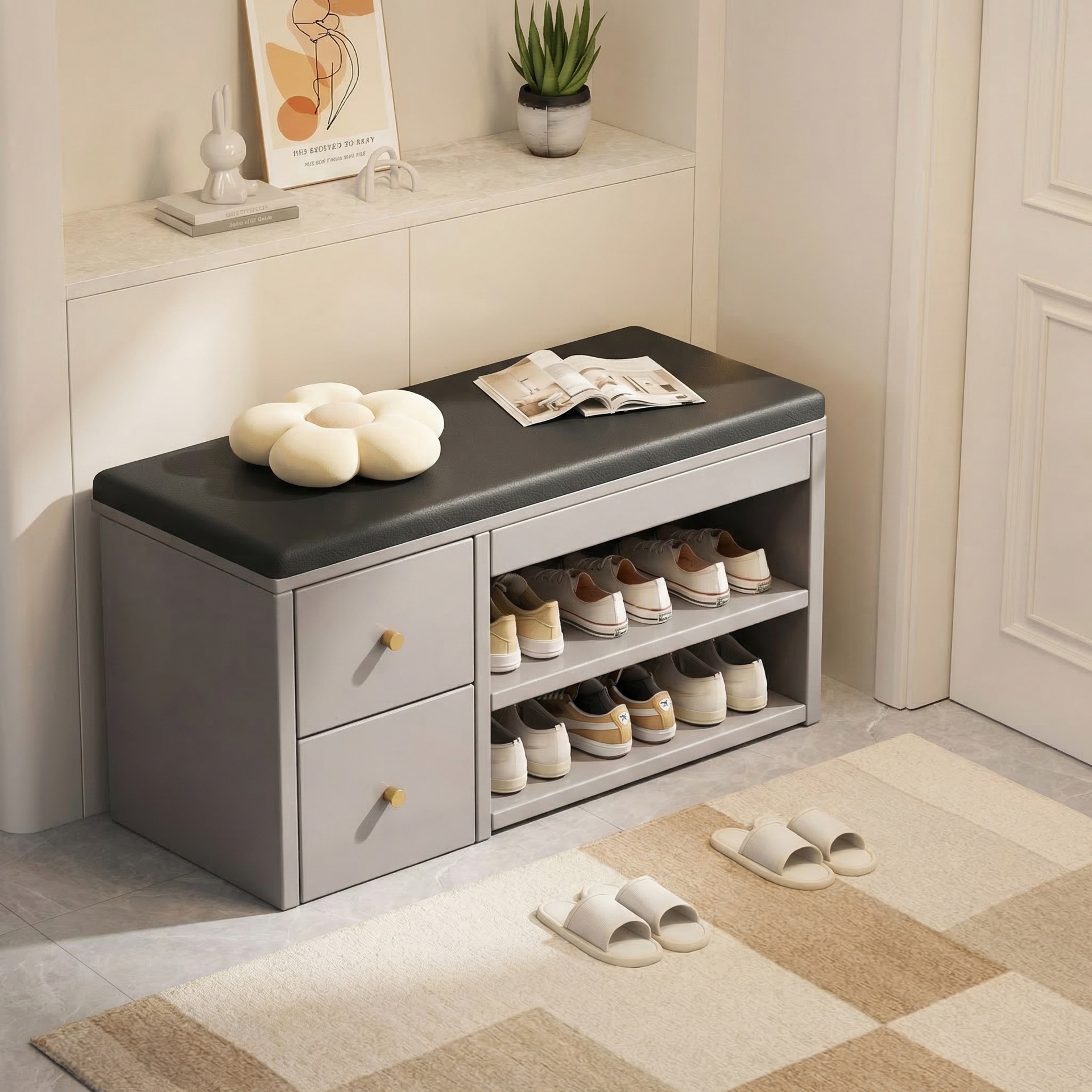 Banco para cambiar zapatos para la entrada del hogar, zapatero de lujo ligero, almacenamiento multifuncional, zapatero pequeño y estrecho para la entrada, banco largo integrado para la entrada.