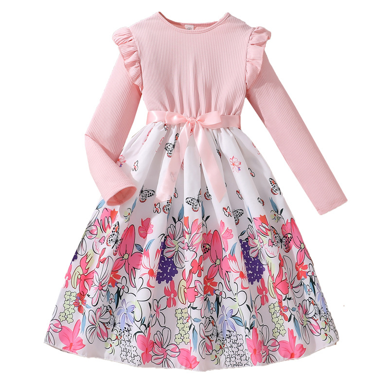 INS Girls' Autumn New Mid to Large Children's Long Sleeve Pit Strip Splicing Flower Butterfly Printed Dress_voghion.com