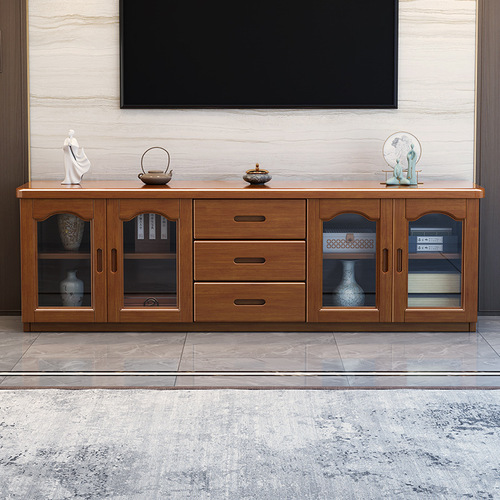 Small Living Room with Glass Door Storage Cabinet, Film and TV Storage Cabinet, All Wood TV Stand, Coffee Table Set, Simple Design