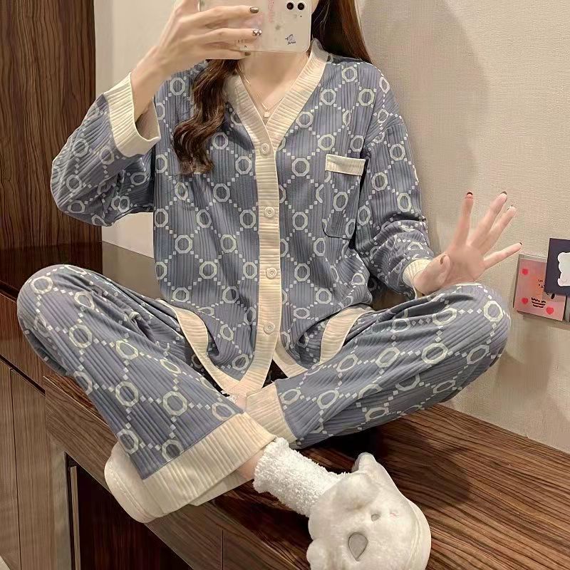 Pajamas Women's Spring and Autumn Imitation Cotton Long Sleeve 2022 New Comfortable Simple Internet Celebrity Explosions Spring Home Suit Trendy