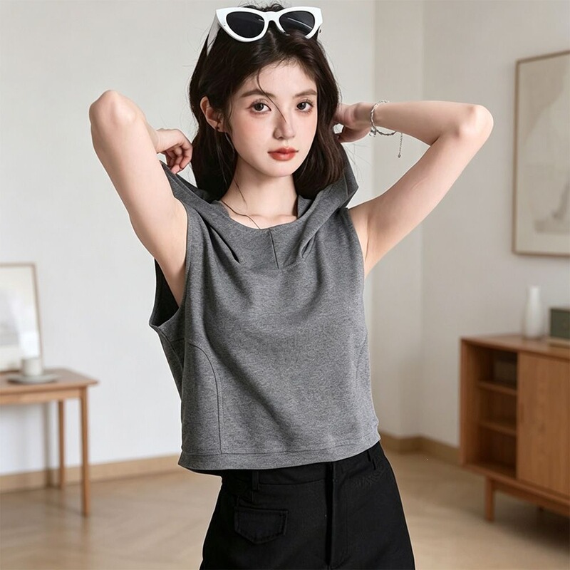 Sleeveless Hooded Sweatshirt for Women, Loose Fit, 2026 Summer New Design, Unique Backless Ins T-Shirt, Short Top Sleeveless Hooded Sweatshirt for Women, Loose Fit, 2026 Summer New Design, Unique Backless Ins T-Shirt, Short Top