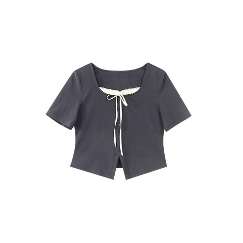 Women's Summer French Square Collar Lace Splicing False Two-Piece T-Shirt with Positive Shoulder Design for Hiding Fat and Slimming