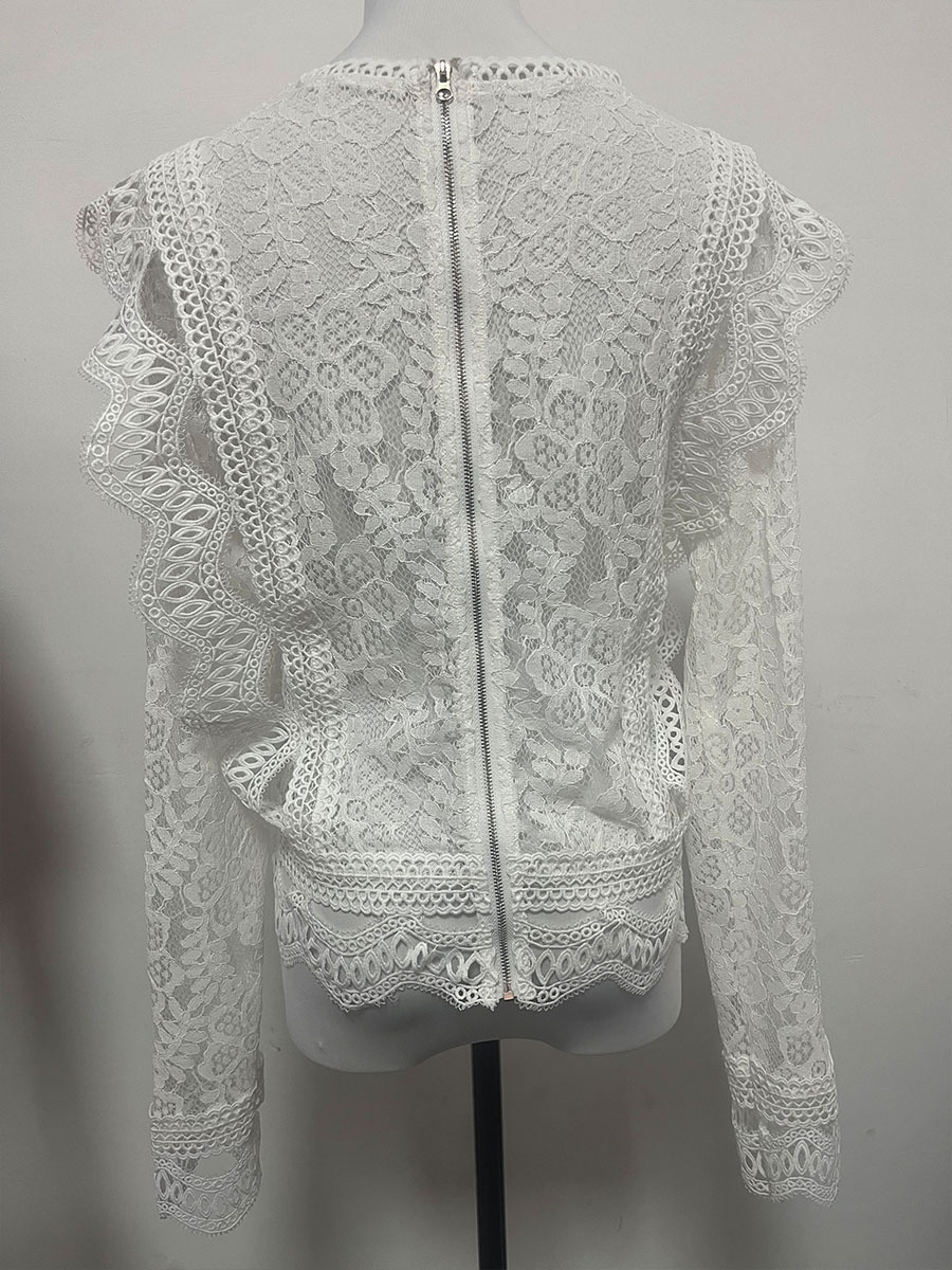 Women's Long Sleeve Blouse Sexy Hollowed Out Lace Top Solid Color Base American Style New Design Coat_ecoleips.com