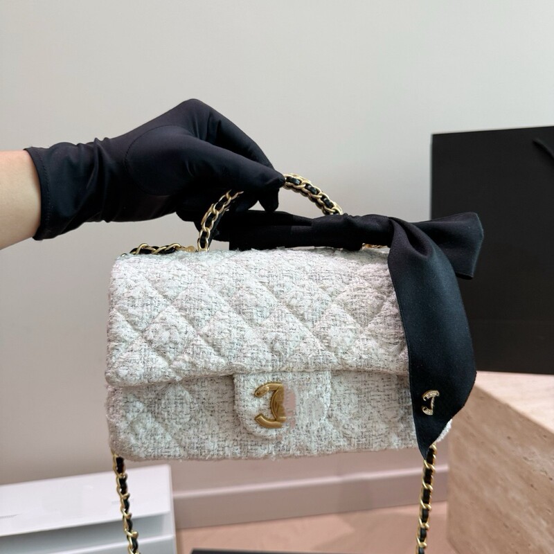 Minimalist Tweed Chanel-Style Handbag with New Chain Metal Design, Versatile Bowknot Crossbody Genuine Leather Women's Bag