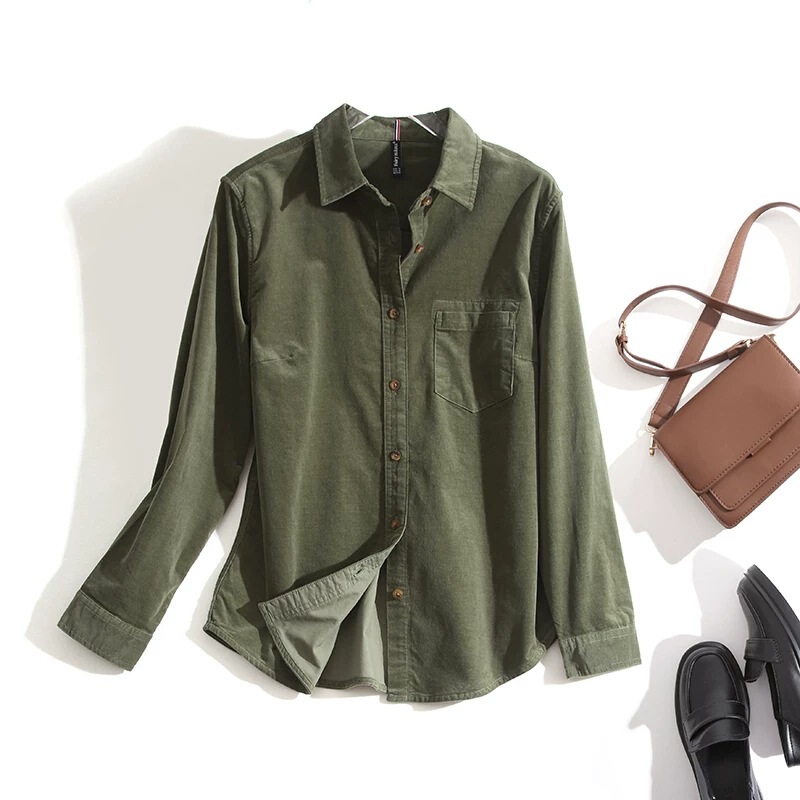 Vintage straight-shoulder anti-curl soft long-sleeve pure cotton corduroy shirt for women, suitable for layering as an inner piece