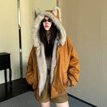 座山雕麂皮绒猫耳朵棉服男女2025冬新款加绒情侣cleanfit保暖棉衣