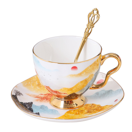 New Chinese Style Qianli Jiangtu Bone China Coffee Set with Coffee Cups, Saucers, Spoons, Flower Tea Set with Tea Cups and Teapot, Gift Box Set
