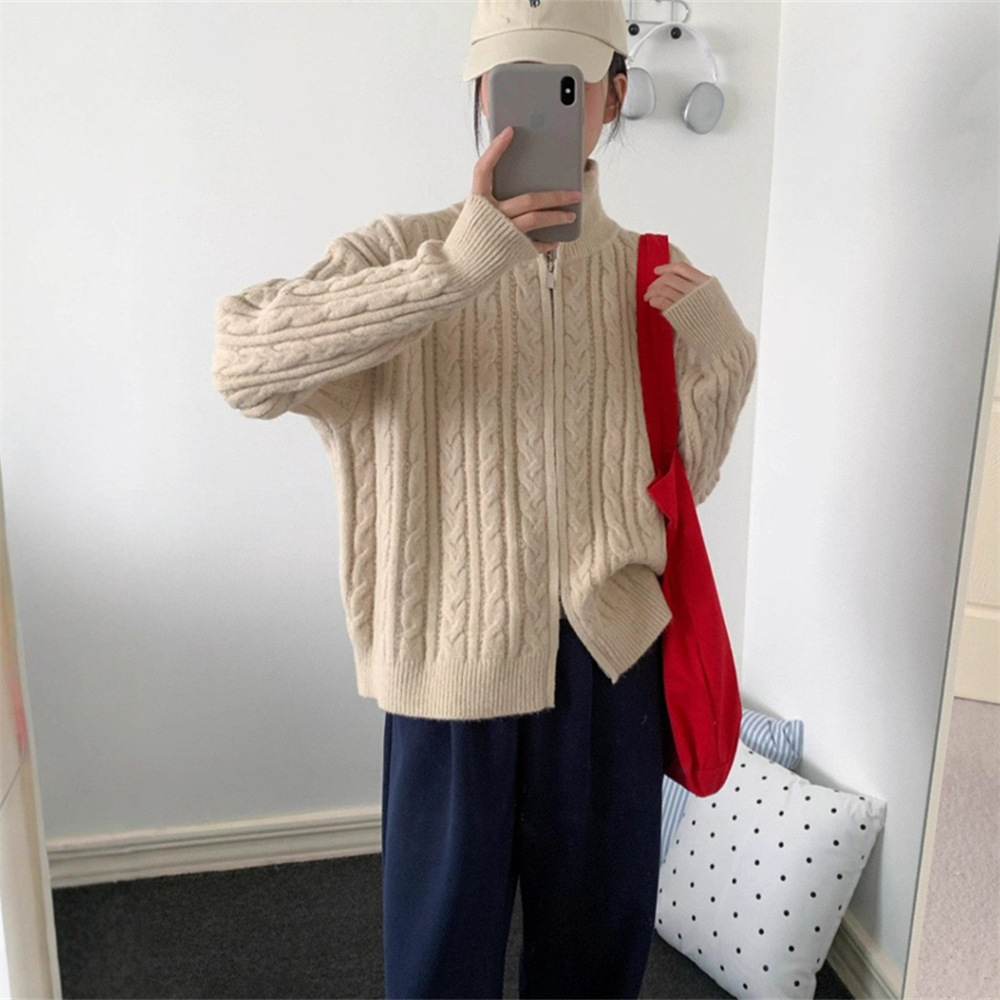 Casual Pure Color Twist Stand Collar Zipper Sweater Jacket for Women Autumn and Winter New Lazy Style Loose Knitted Cardigan Top