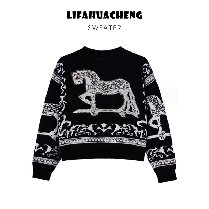 European and American Style Pony Holiday Sweater for Women, Pullover Jacquard Sweater, Knitted Pullover Top with Embroidery, Round Neck, Cable Knit