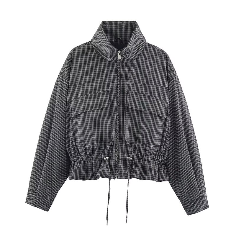 TAOP&ZA Women's Clothing 2026 Summer New Fashion Trendy Plaid Stand Collar Cotton Jacket 6318267