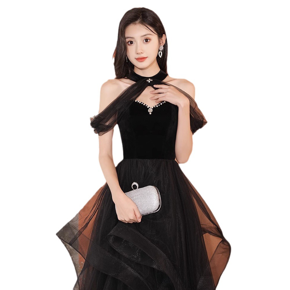Vestido de noche negro para mujer, de alta gama, ligero y lujoso, exclusivo, ideal para anfitrionas, presentaciones de piano, exámenes de arte vocal, con un toque de sofisticación.