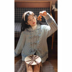 十三行女装重工韩系蓝色牛角扣毛衣开衫女复古宽松翻领针织短外套