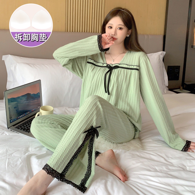 Simple verde jacquard de algodón de manga larga pijamas para mujeres primavera y otoño dulce con almohadilla en el pecho más tamaño gordito chica homewear