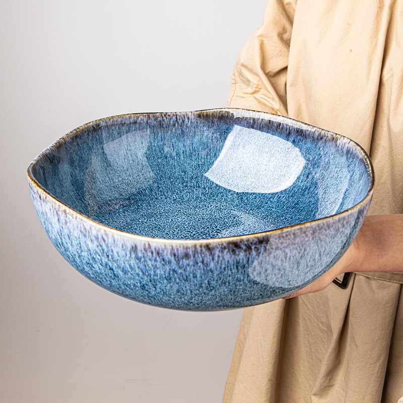 Yunmeng azul azul horno transfronterizo esmaltado cubiertos exportación Europa y América personalidad retro azul irregular platos de cerámica platos