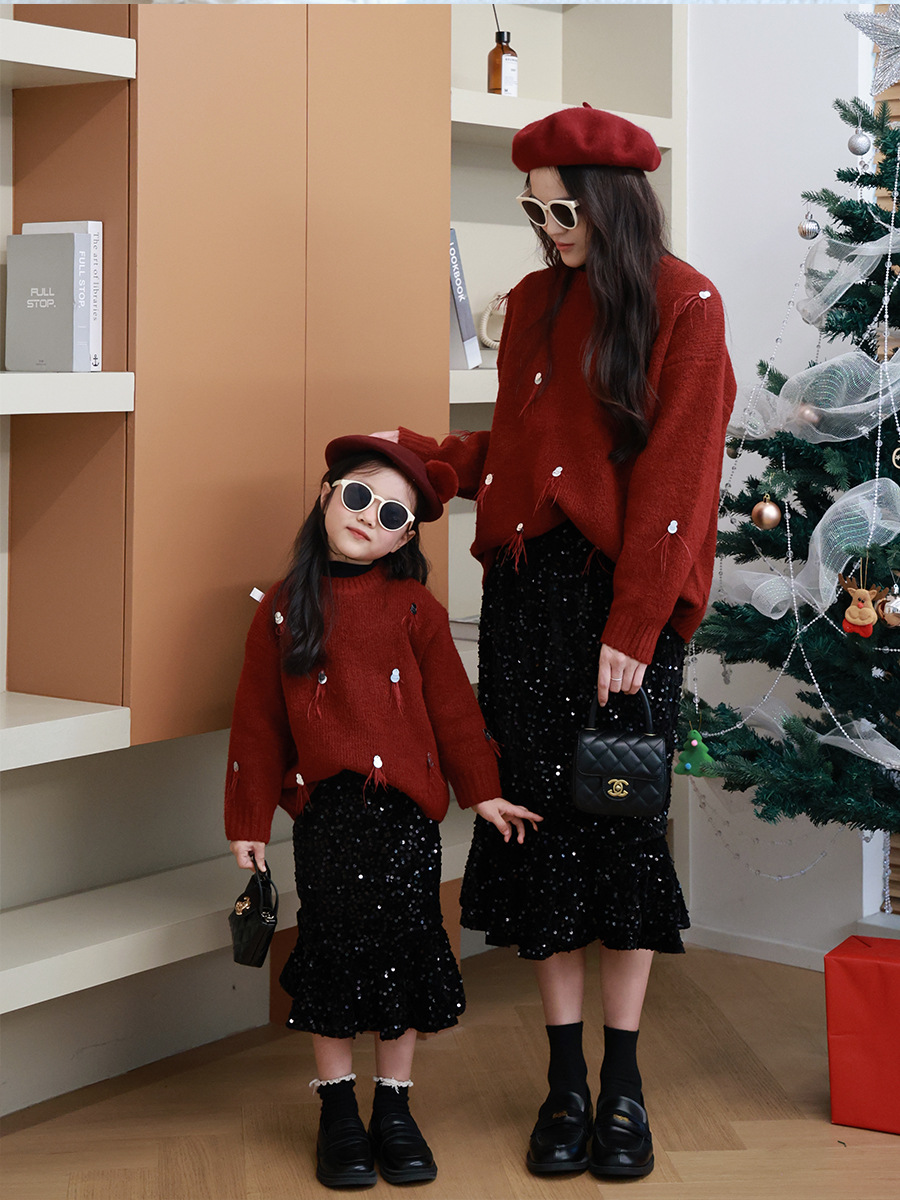 in stock play together parent-child wear mother-daughter pullover girls‘ korean style christmas new year dress angola red sweater sets