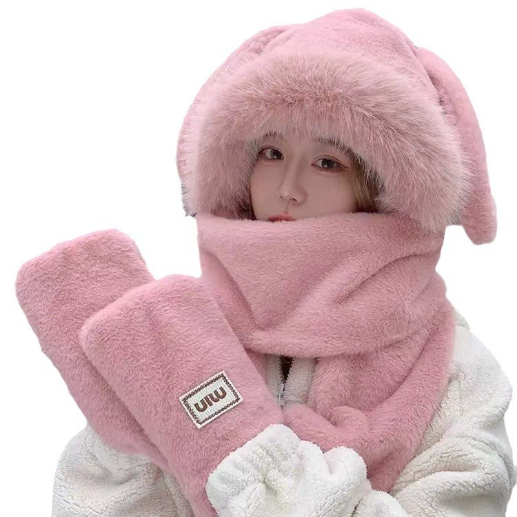 Winter rabbit, hat, keep warm scarf, cute plush gloves with hood, set, 3 piece set
