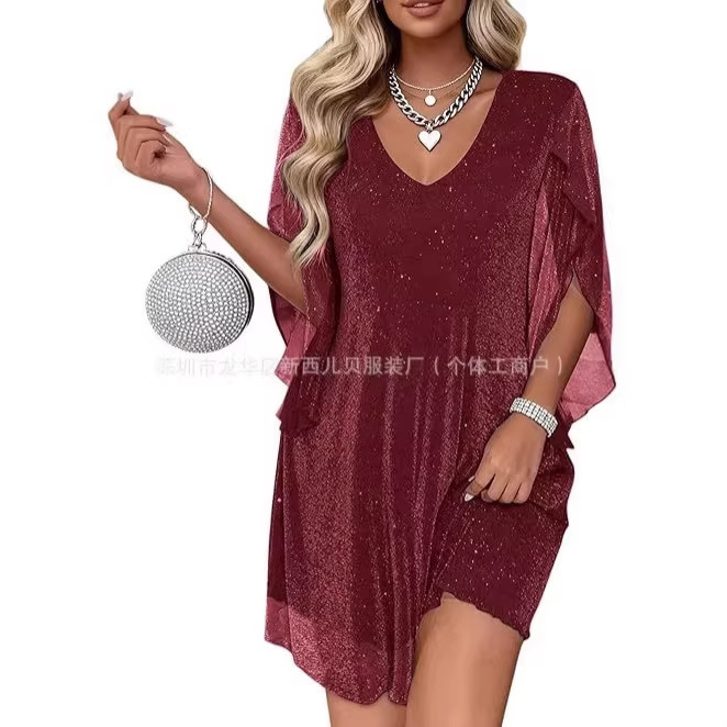 Amazon European and American Cross-Border Wedding Guest Shiny Women's Cocktail Dress with Flutter Sleeves Loose Chiffon Party Dress