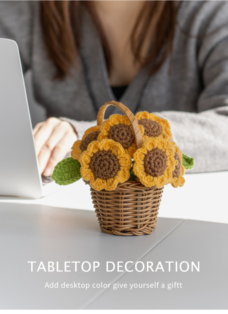手工针织向日葵迷你花篮成品毛线仿真太阳花盆栽摆件节日礼品摆摊详情2