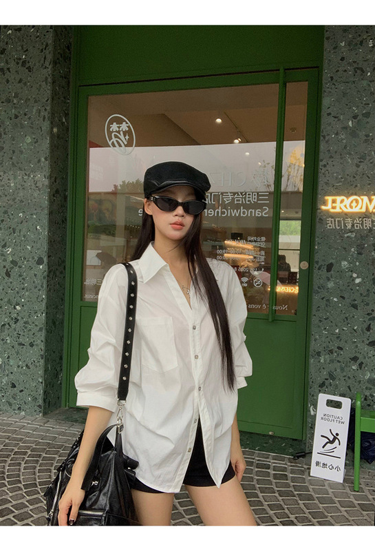 会凹造型的白衬衫秋季新款休闲百搭白色休闲翻领泡泡袖收腰衬衣|undefined