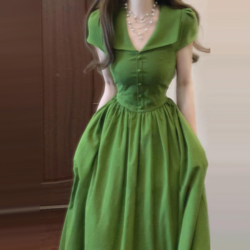 2025 New French-Style Green High-End Short-Sleeve Dress for Women, Summer Elegant Waist-Cinching Slim-Fit Long Dress