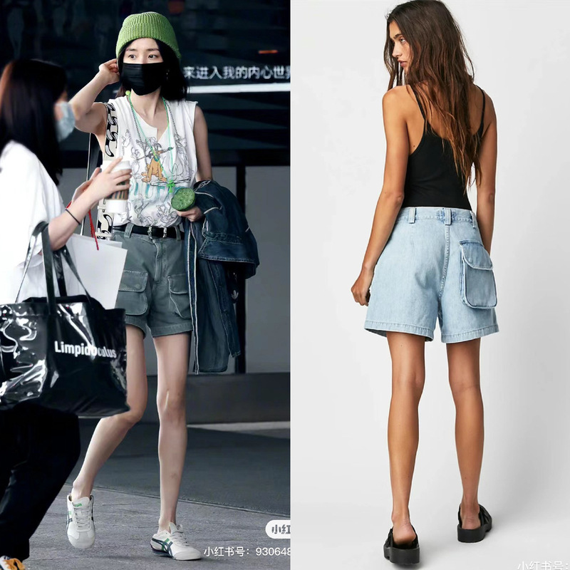 2024 Spring New European and American Ag Same Style Large Military Green High-Waisted Loose Accordion Pocket Cargo Denim Shorts